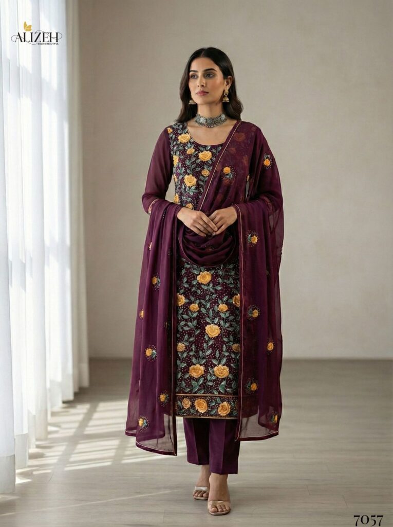 Beautiful Alizeh 7054 To 7057 Georgette With Embroidered Work Kurti Pant And Dupatta Wholesale 2026
