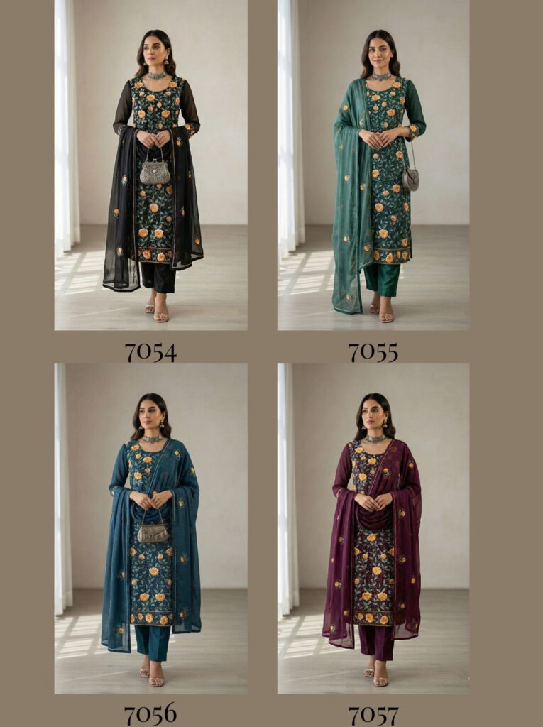Beautiful Alizeh 7054 To 7057 Georgette With Embroidered Work Kurti Pant And Dupatta Wholesale 2026