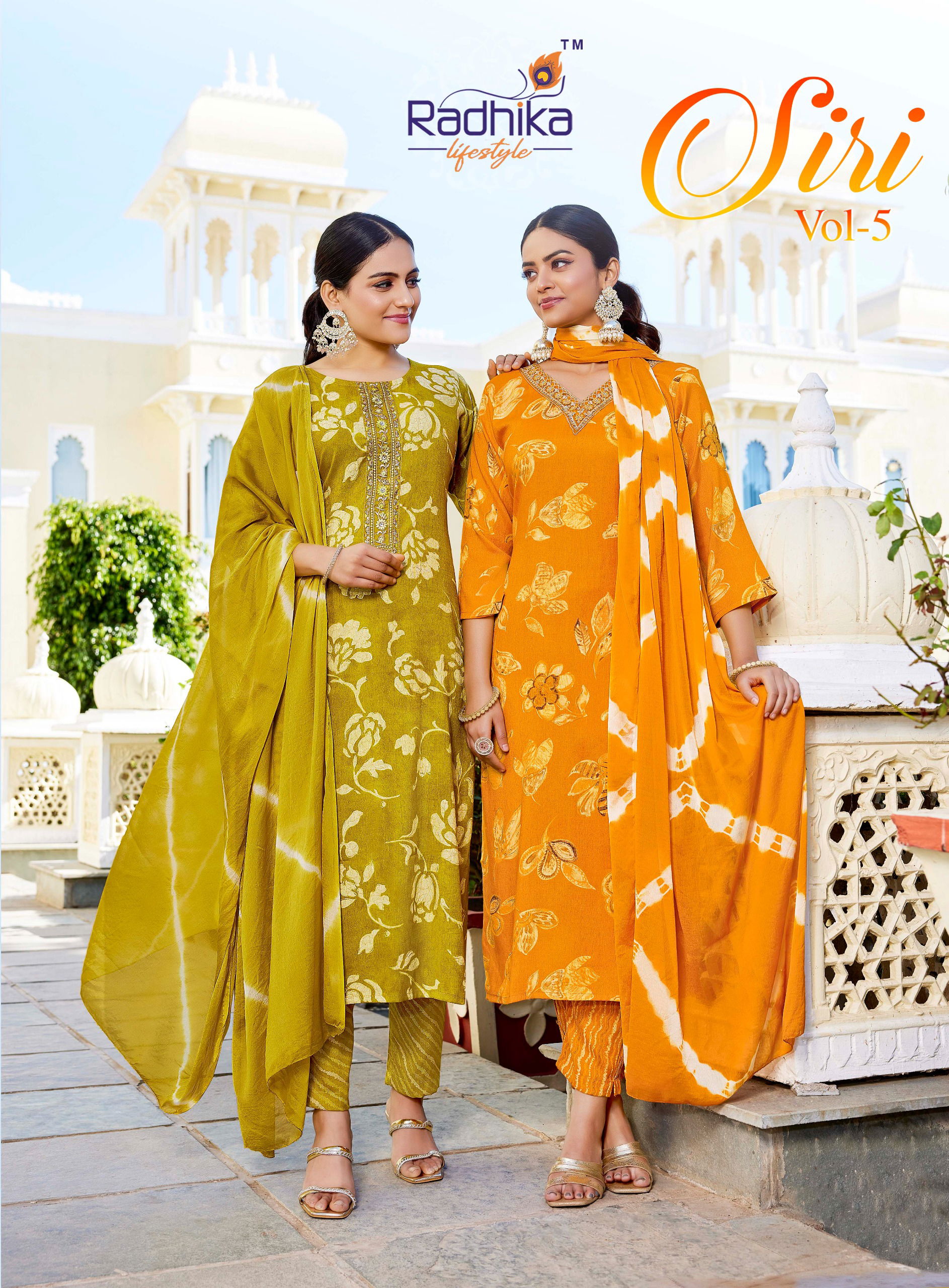 Radhika Siri Vol 5 Rayon Foil Printed Kurti Pant And Dupatta Collection Wholesale