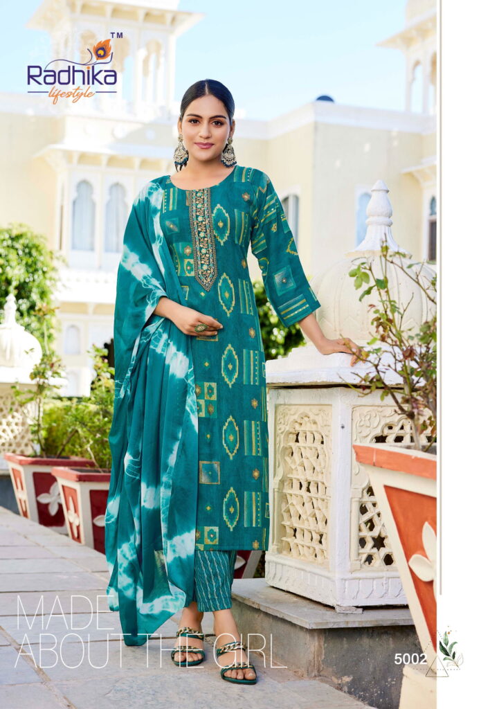 Buy Radhika Siri Vol 5 Rayon Foil Printed Kurti Pant And Dupatta Collection Wholesale 2026