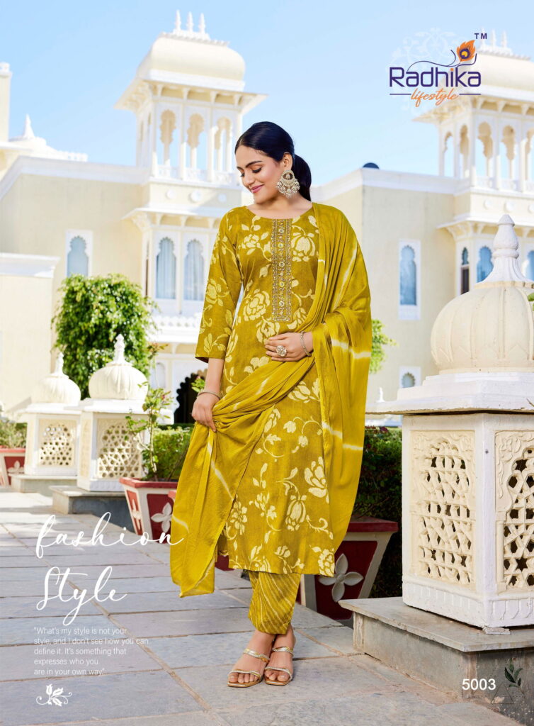 Buy Radhika Siri Vol 5 Rayon Foil Printed Kurti Pant And Dupatta Collection Wholesale 2026