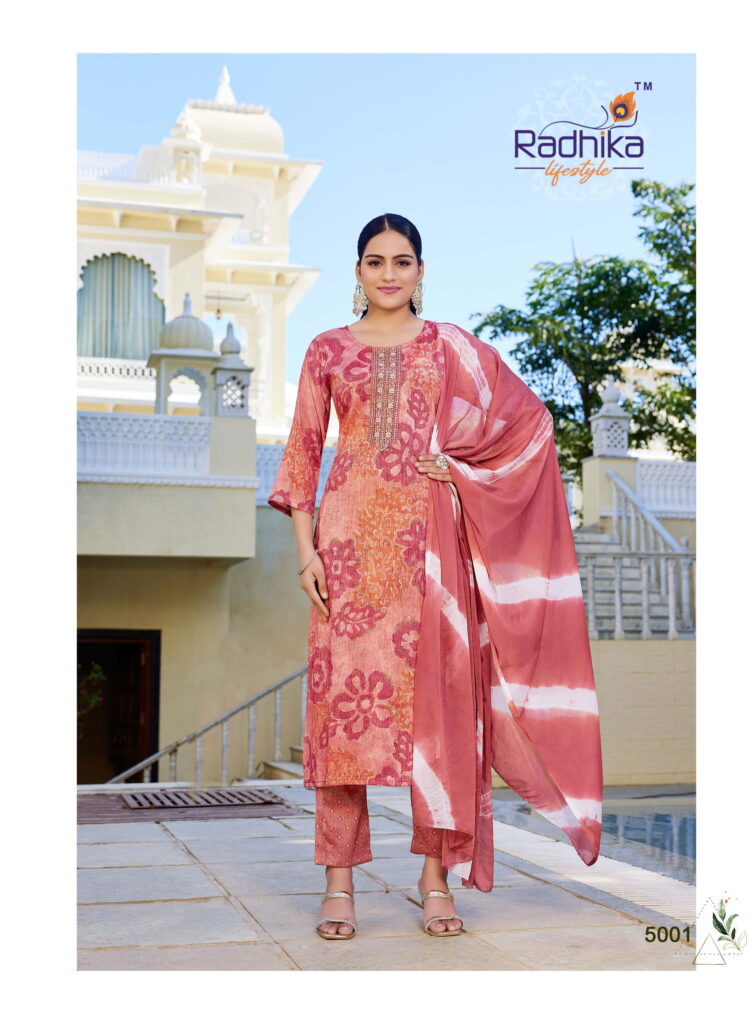 Buy Radhika Siri Vol 5 Rayon Foil Printed Kurti Pant And Dupatta Collection Wholesale 2026