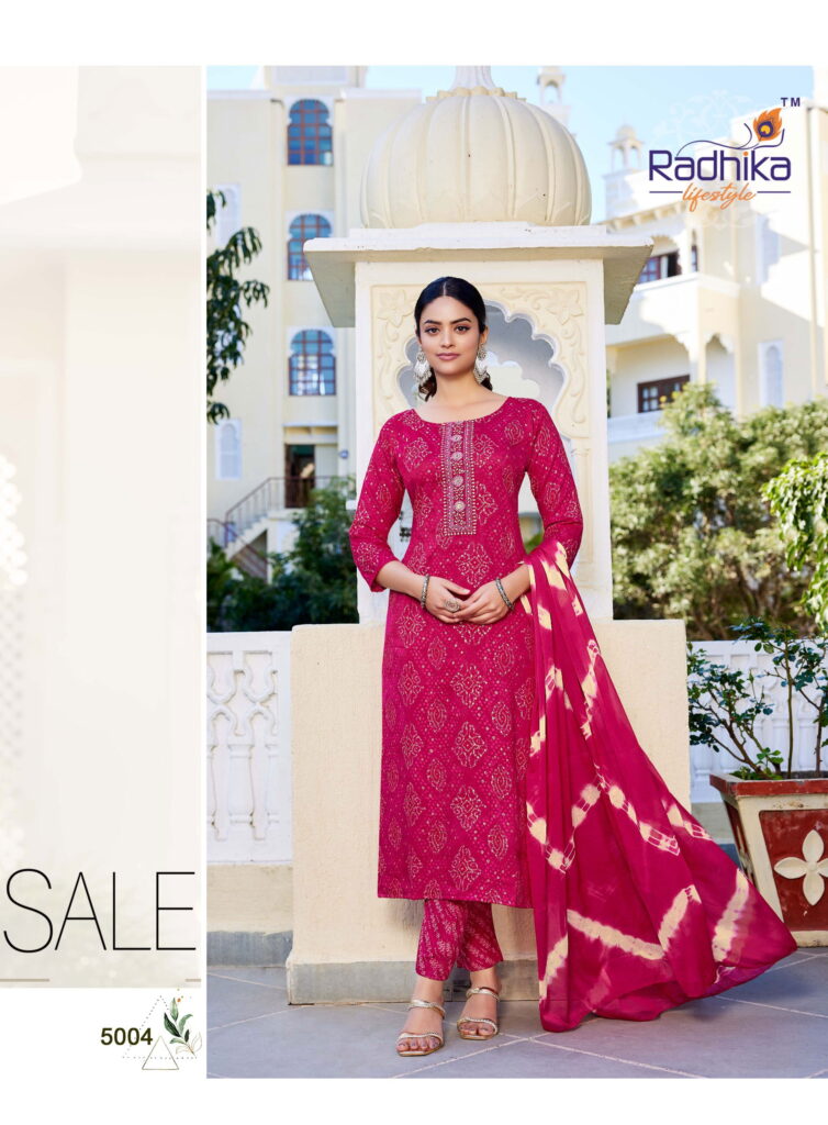 Buy Radhika Siri Vol 5 Rayon Foil Printed Kurti Pant And Dupatta Collection Wholesale 2026