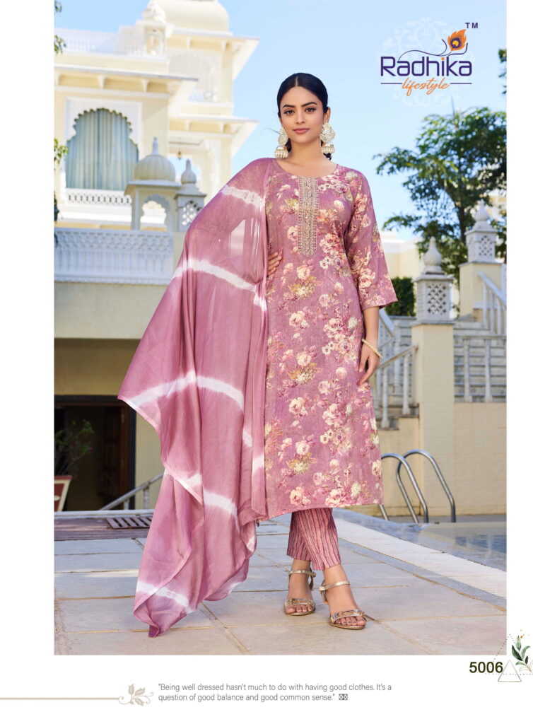 Buy Radhika Siri Vol 5 Rayon Foil Printed Kurti Pant And Dupatta Collection Wholesale 2026