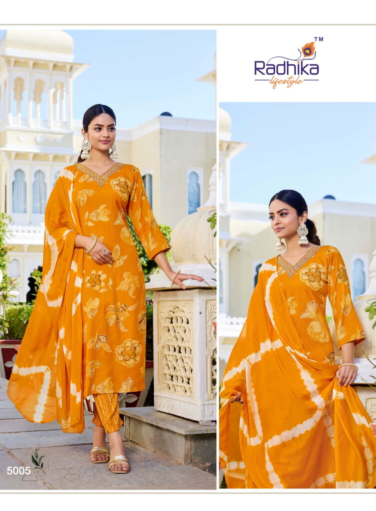 Buy Radhika Siri Vol 5 Rayon Foil Printed Kurti Pant And Dupatta Collection Wholesale 2026
