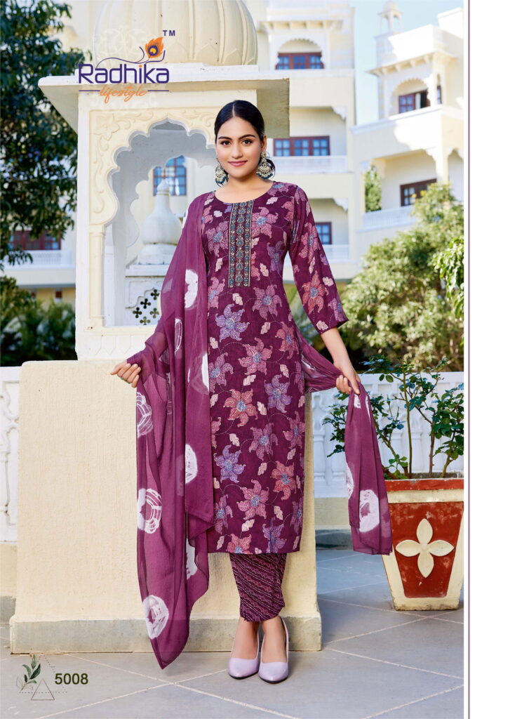Buy Radhika Siri Vol 5 Rayon Foil Printed Kurti Pant And Dupatta Collection Wholesale 2026