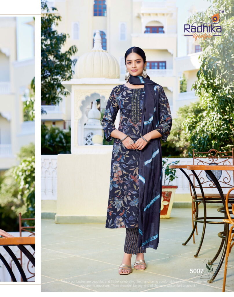 Buy Radhika Siri Vol 5 Rayon Foil Printed Kurti Pant And Dupatta Collection Wholesale 2026