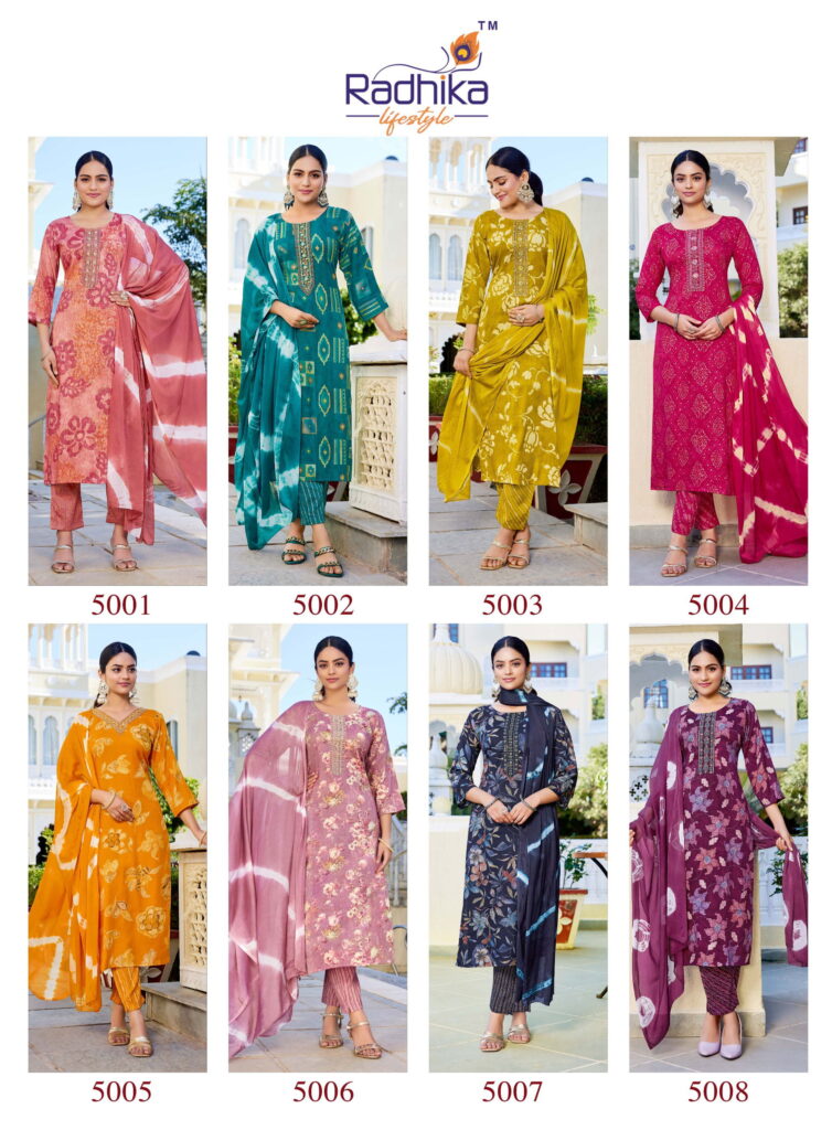 Buy Radhika Siri Vol 5 Rayon Foil Printed Kurti Pant And Dupatta Collection Wholesale 2026