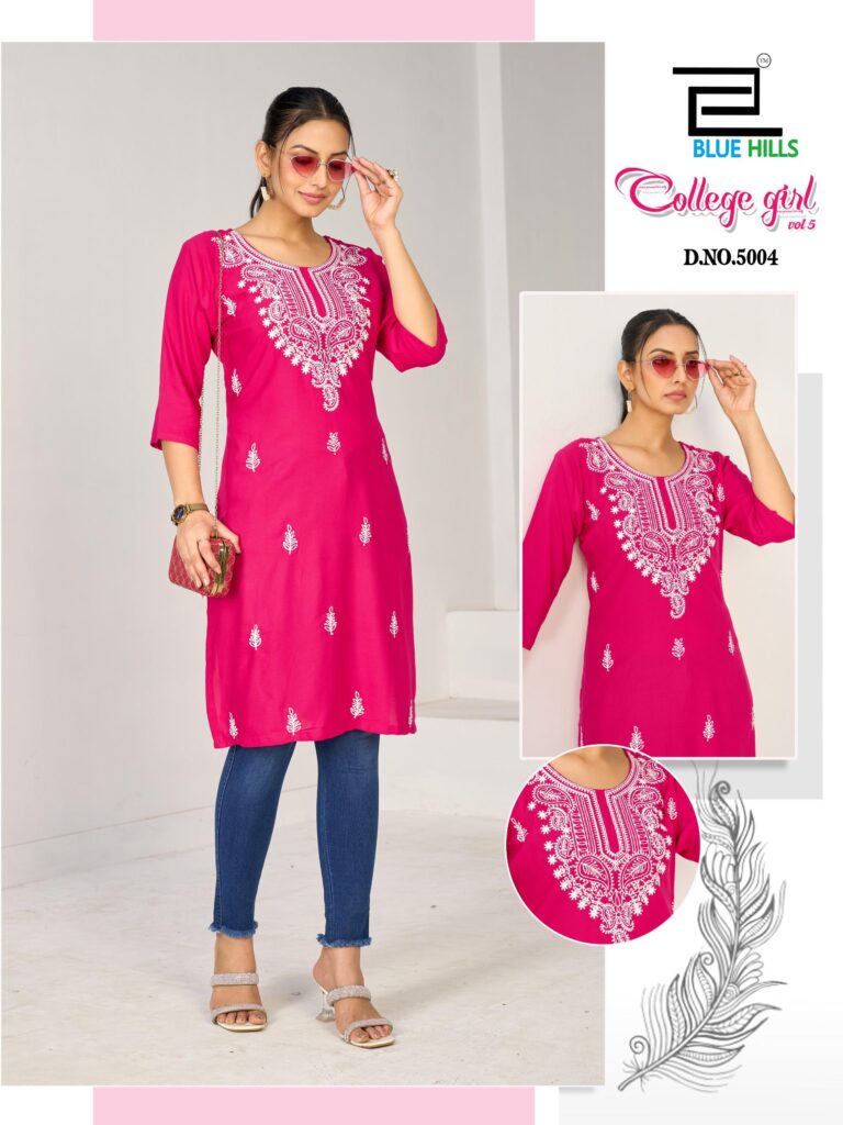 Latest Blue Hills College Girl Vol 5 Rayon Embroidery Casual Wear Kurti Collection Wholesale 2026