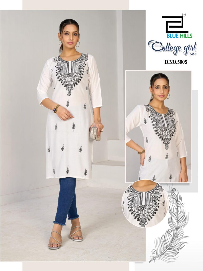Latest Blue Hills College Girl Vol 5 Rayon Embroidery Casual Wear Kurti Collection Wholesale 2026