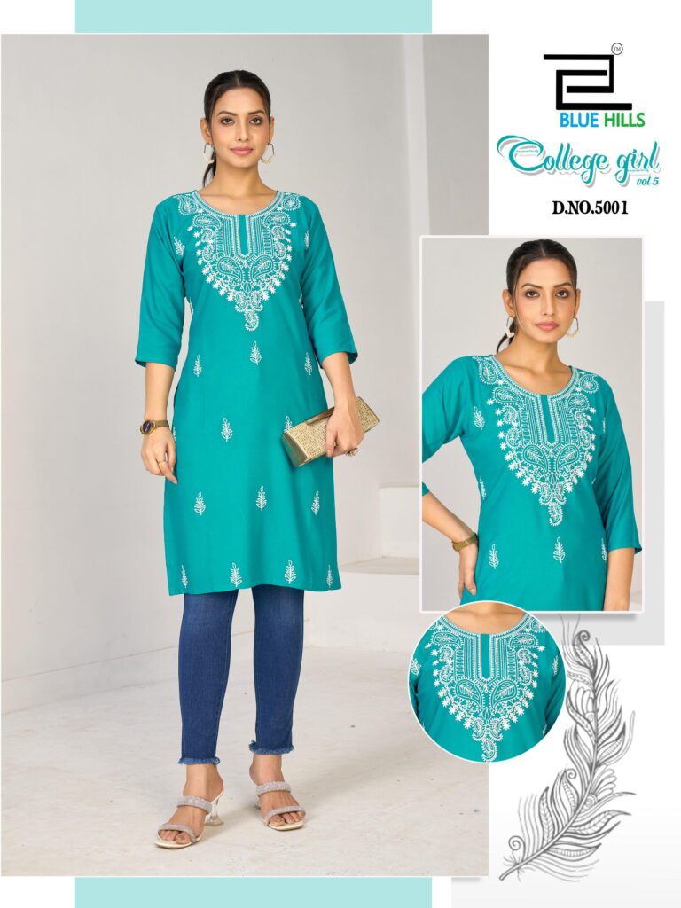 Latest Blue Hills College Girl Vol 5 Rayon Embroidery Casual Wear Kurti Collection Wholesale 2026
