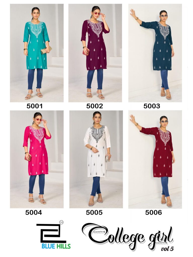 Latest Blue Hills College Girl Vol 5 Rayon Embroidery Casual Wear Kurti Collection Wholesale 2026
