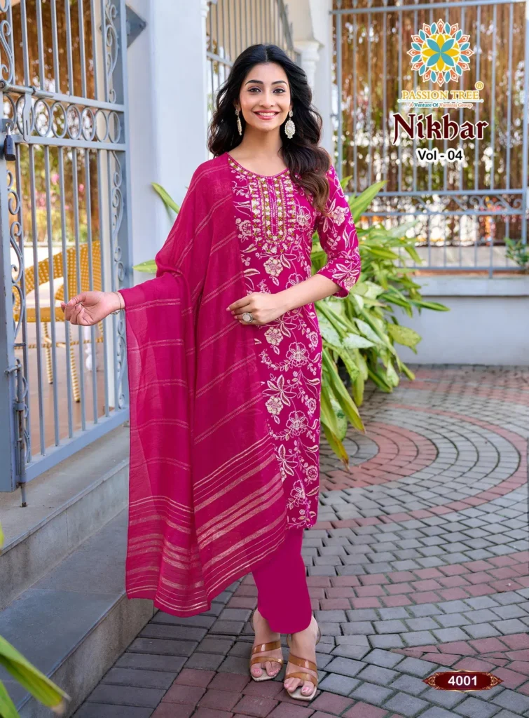Stylish Nikhar Vol 4 By Passion Tree Rayon With Foil Print Top Bottom And Dupatta Wholesale 2026