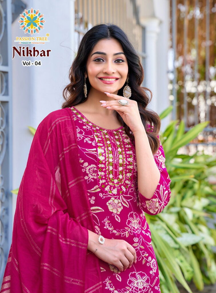 Stylish Nikhar Vol 4 By Passion Tree Rayon With Foil Print Top Bottom And Dupatta Wholesale 2026
