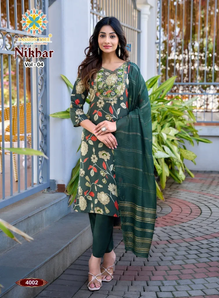 Stylish Nikhar Vol 4 By Passion Tree Rayon With Foil Print Top Bottom And Dupatta Wholesale 2026
