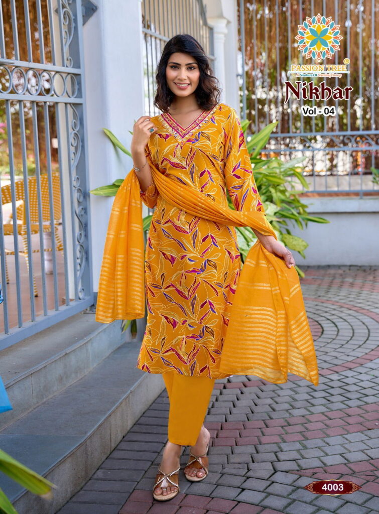 Stylish Nikhar Vol 4 By Passion Tree Rayon With Foil Print Top Bottom And Dupatta Wholesale 2026
