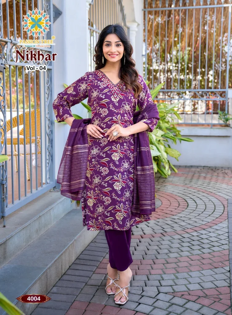 Stylish Nikhar Vol 4 By Passion Tree Rayon With Foil Print Top Bottom And Dupatta Wholesale 2026