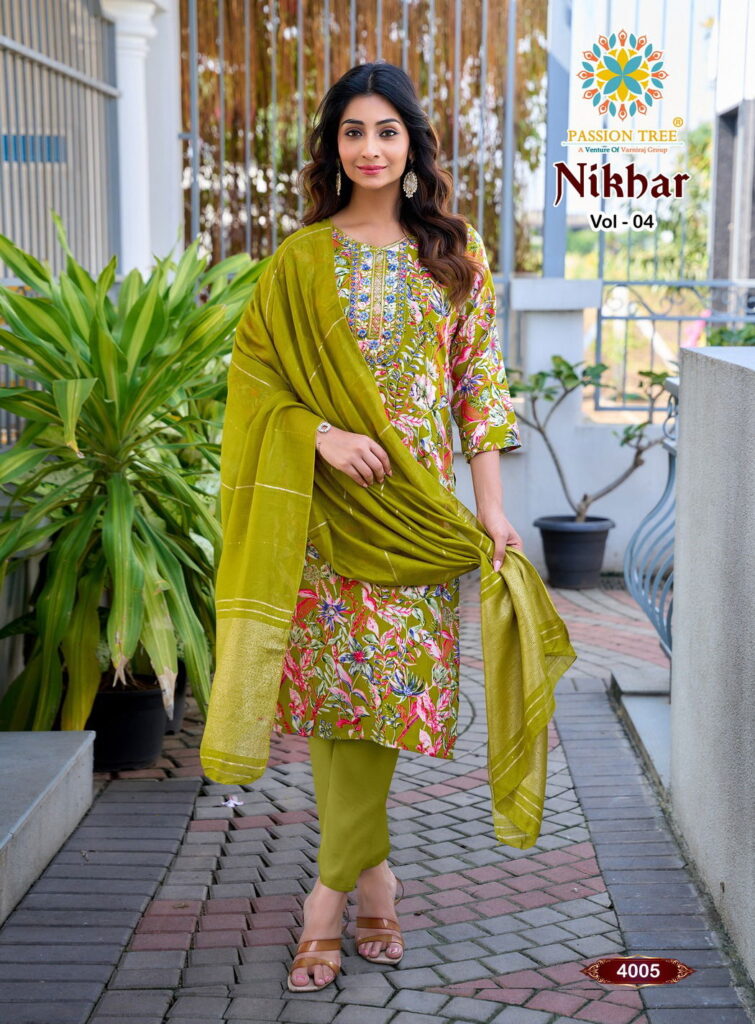 Stylish Nikhar Vol 4 By Passion Tree Rayon With Foil Print Top Bottom And Dupatta Wholesale 2026