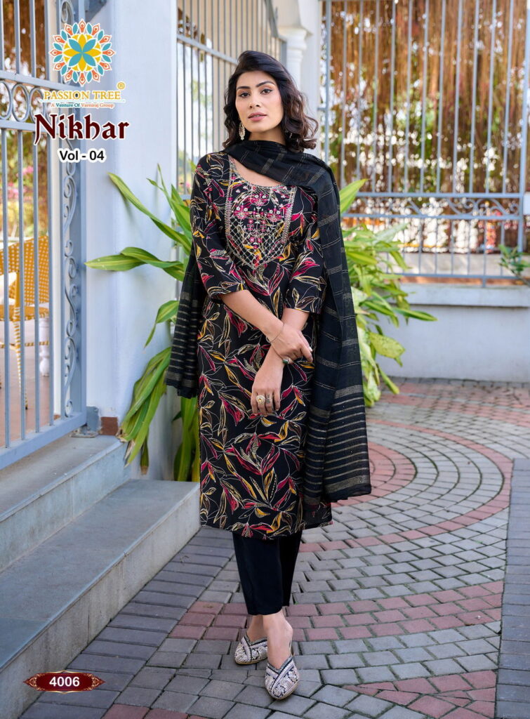 Stylish Nikhar Vol 4 By Passion Tree Rayon With Foil Print Top Bottom And Dupatta Wholesale 2026