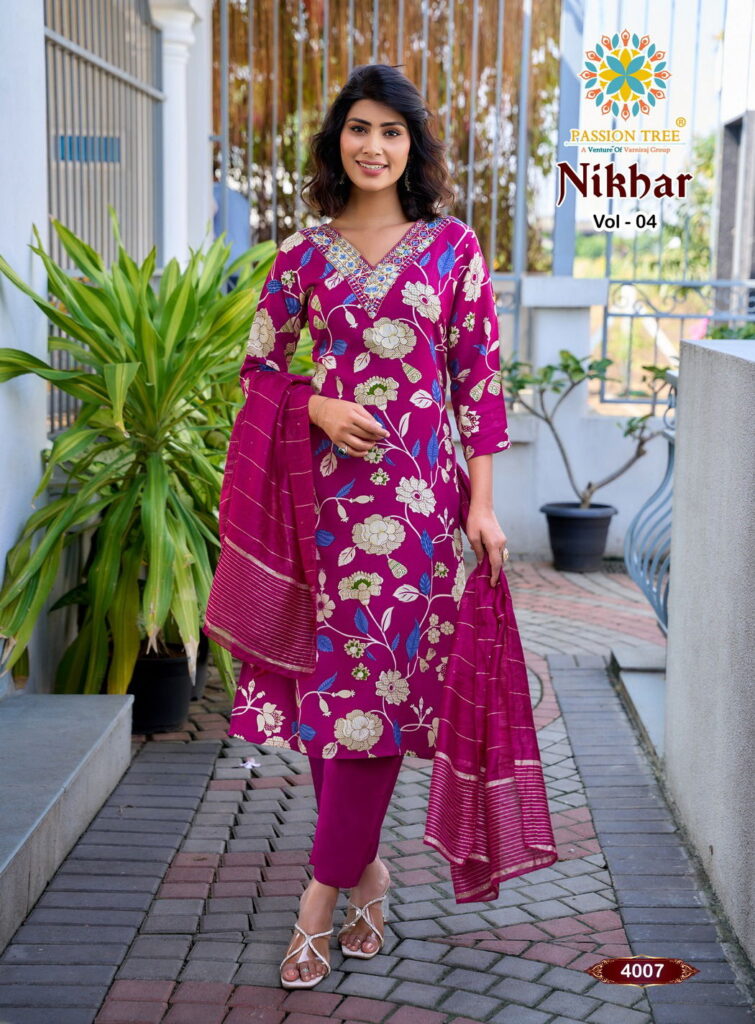 Stylish Nikhar Vol 4 By Passion Tree Rayon With Foil Print Top Bottom And Dupatta Wholesale 2026