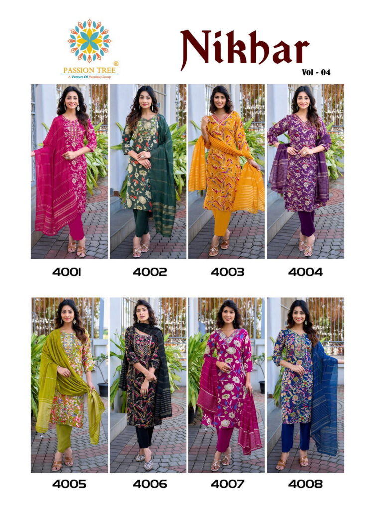 Stylish Nikhar Vol 4 By Passion Tree Rayon With Foil Print Top Bottom And Dupatta Wholesale 2026