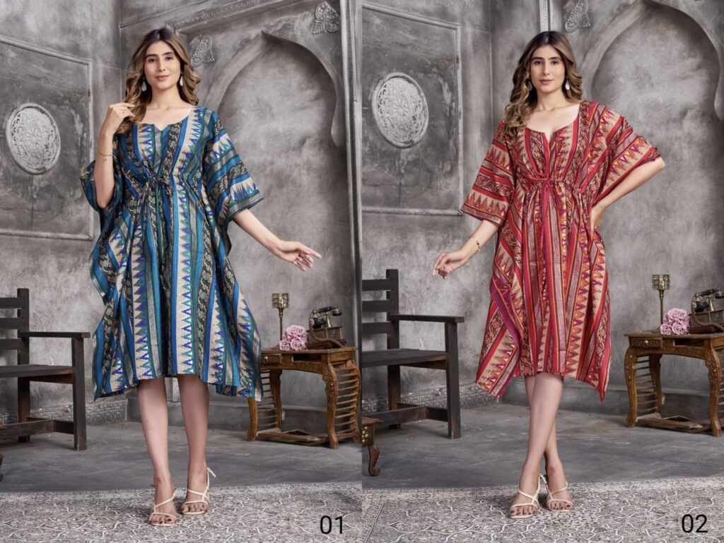 Stylish Vouch Kaftan Muslin Foil Printed Kaftan Kurti Collection Wholesale 2026