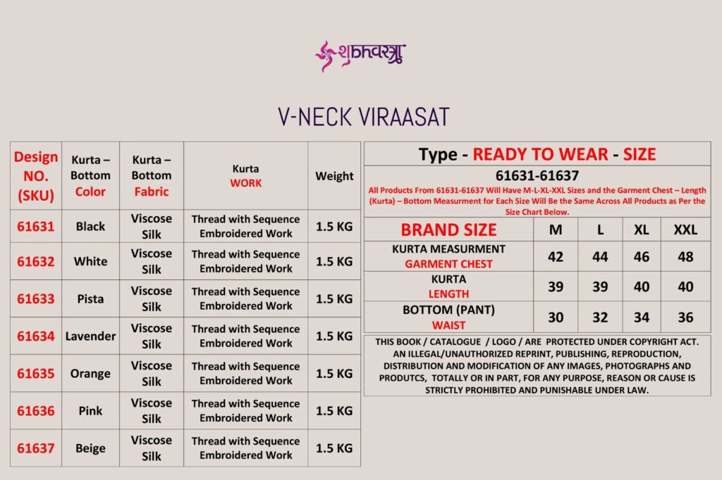 Buy Shubhvastra V Neck Viraasat Viscose Silk Thread Work Kurta And Bottom Wholesale 2026