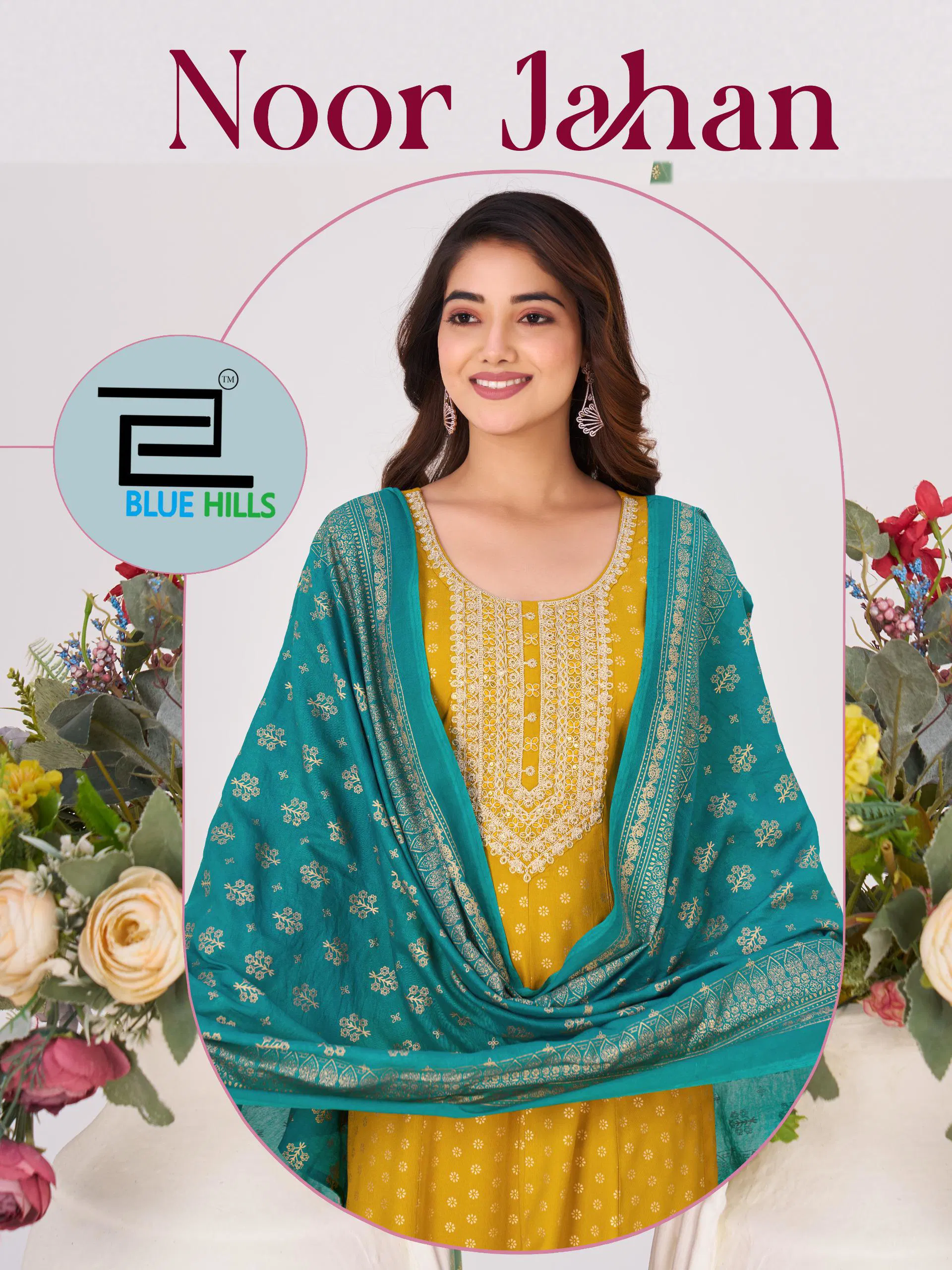 Blue Hills Noor Jahan Chanderi Foil Printed Embroidery Top Bottom And Dupatta Wholesale