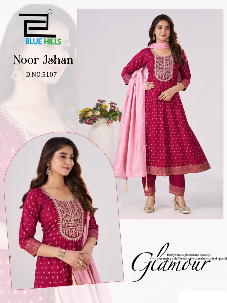 Stylish Blue Hills Noor Jahan Chanderi Foil Printed Embroidery Top Bottom And Dupatta Wholesale 2026
