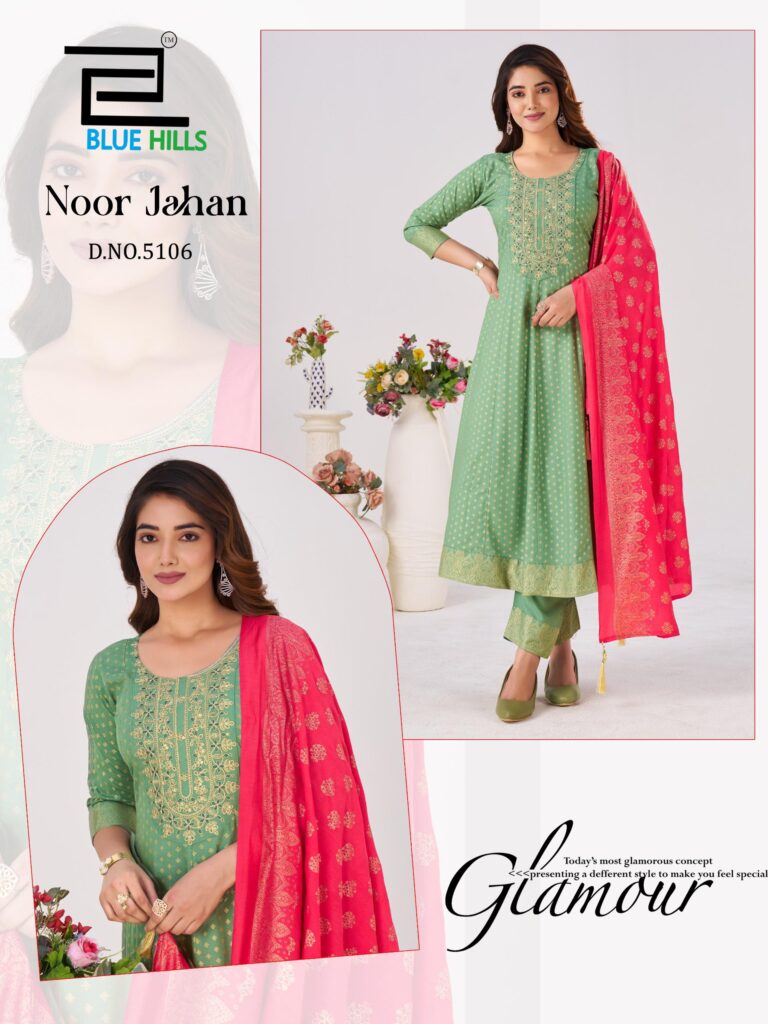Stylish Blue Hills Noor Jahan Chanderi Foil Printed Embroidery Top Bottom And Dupatta Wholesale 2026