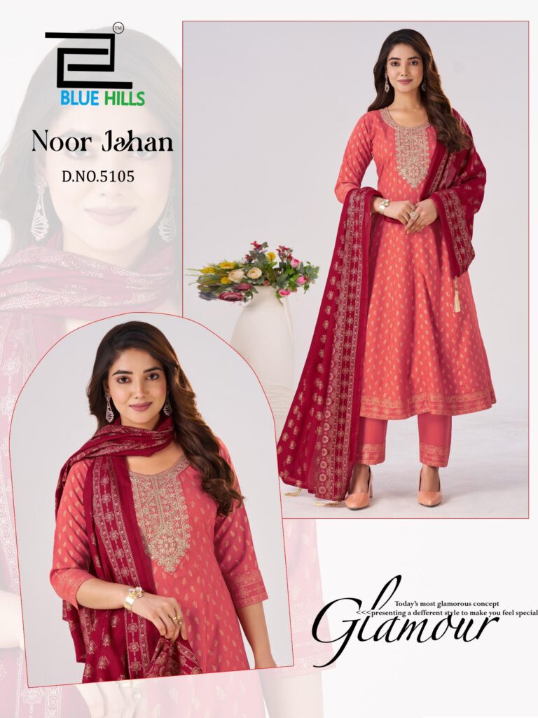 Stylish Blue Hills Noor Jahan Chanderi Foil Printed Embroidery Top Bottom And Dupatta Wholesale 2026