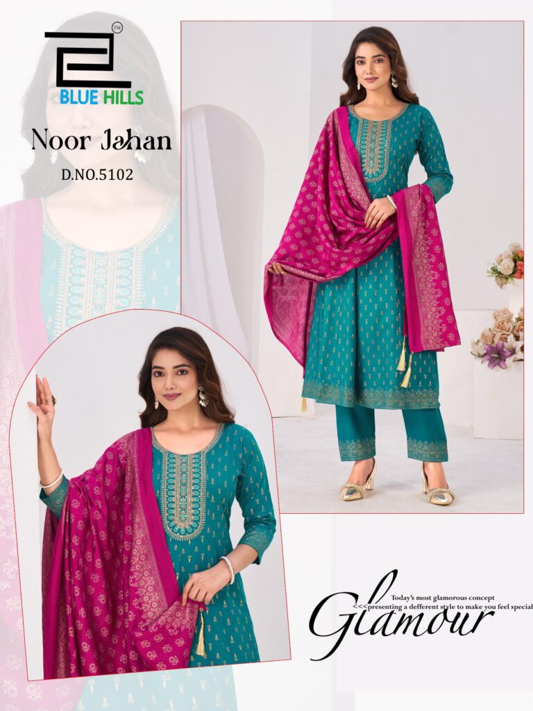 Stylish Blue Hills Noor Jahan Chanderi Foil Printed Embroidery Top Bottom And Dupatta Wholesale 2026