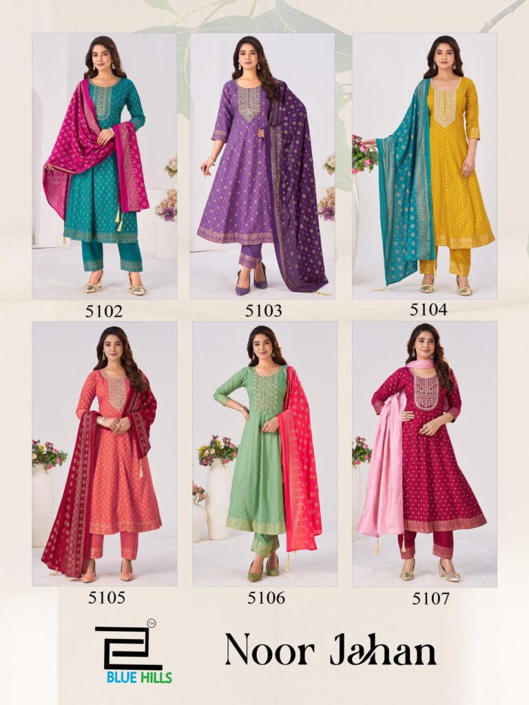 Stylish Blue Hills Noor Jahan Chanderi Foil Printed Embroidery Top Bottom And Dupatta Wholesale 2026