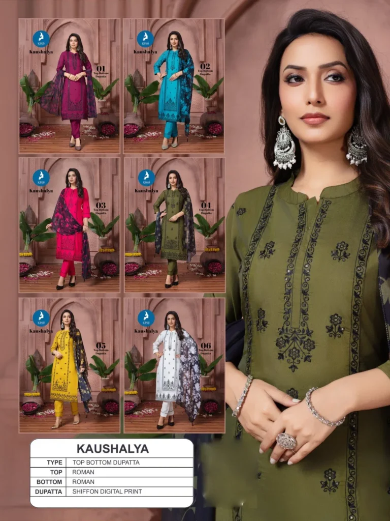 Latest Kaya Kaushalya Roman Silk With Work Kurti Pant And Dupatta Collection Wholesale 2026