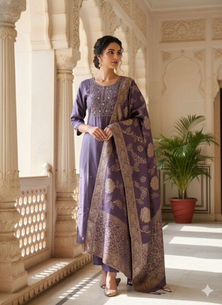 Buy Naisha K 555 Roman Silk With Handwork Kurti Pant And Dupatta Collection Wholesale 2026