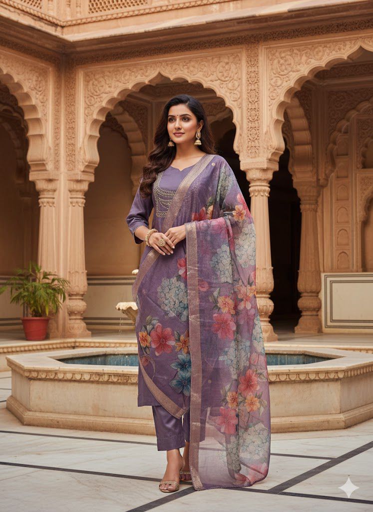Buy Naisha K 555 Roman Silk With Handwork Kurti Pant And Dupatta Collection Wholesale 2026
