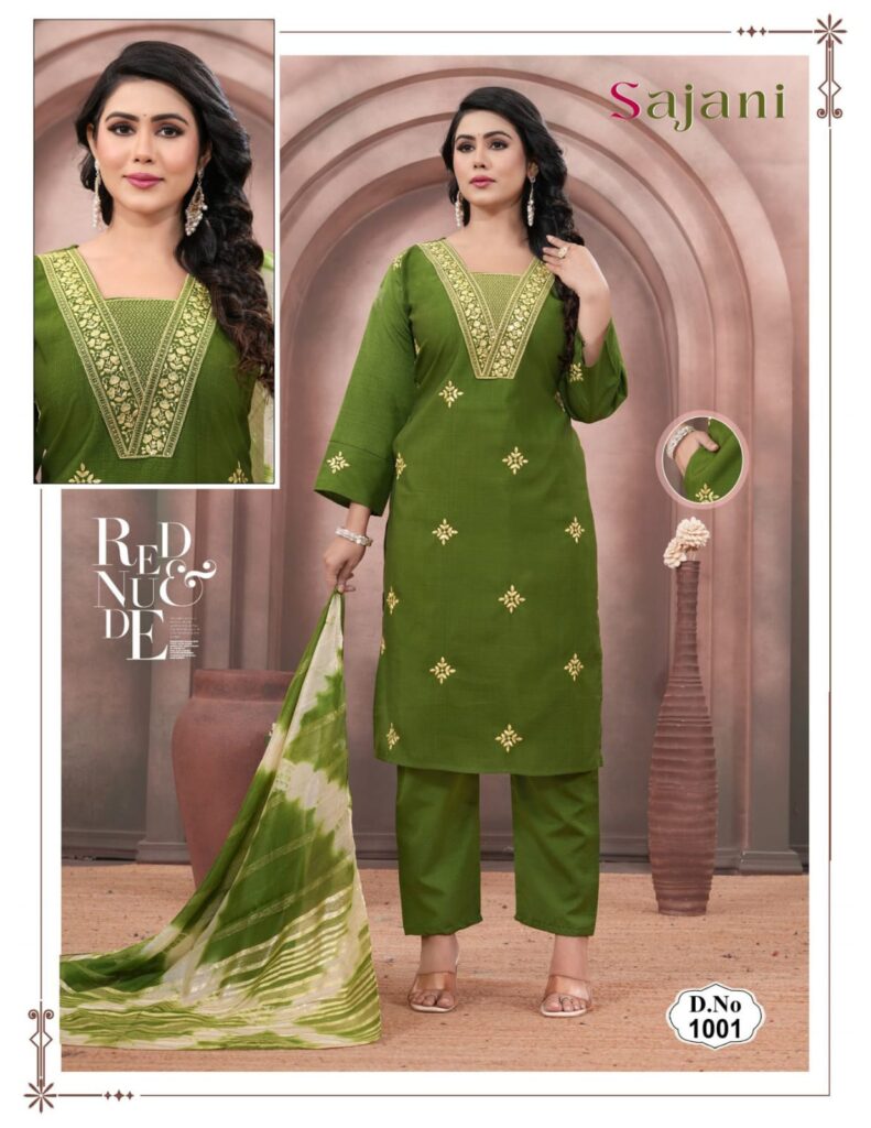 Launching Sajani D No 1001 To 08 Vertican Plain Embroidery Worked Kurti With Bottom Dupatta Wholesale 2026