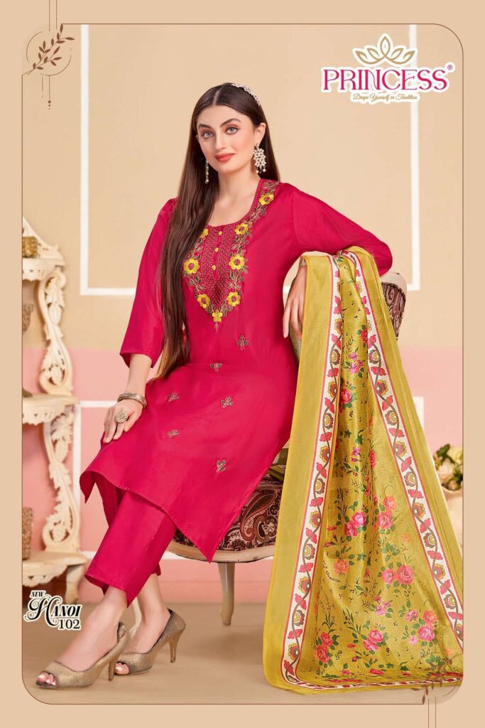 Buy Hanoi Look Roman Silk With Embroidery Worked Kurti With Bottom Dupatta Wholesale 2026