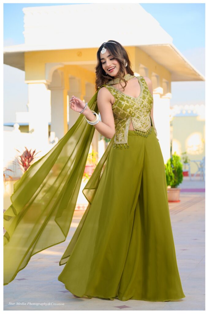 Stylish Mrigya Green 696 Designer Jacquard Plazo set Collection Wholesale 2026
