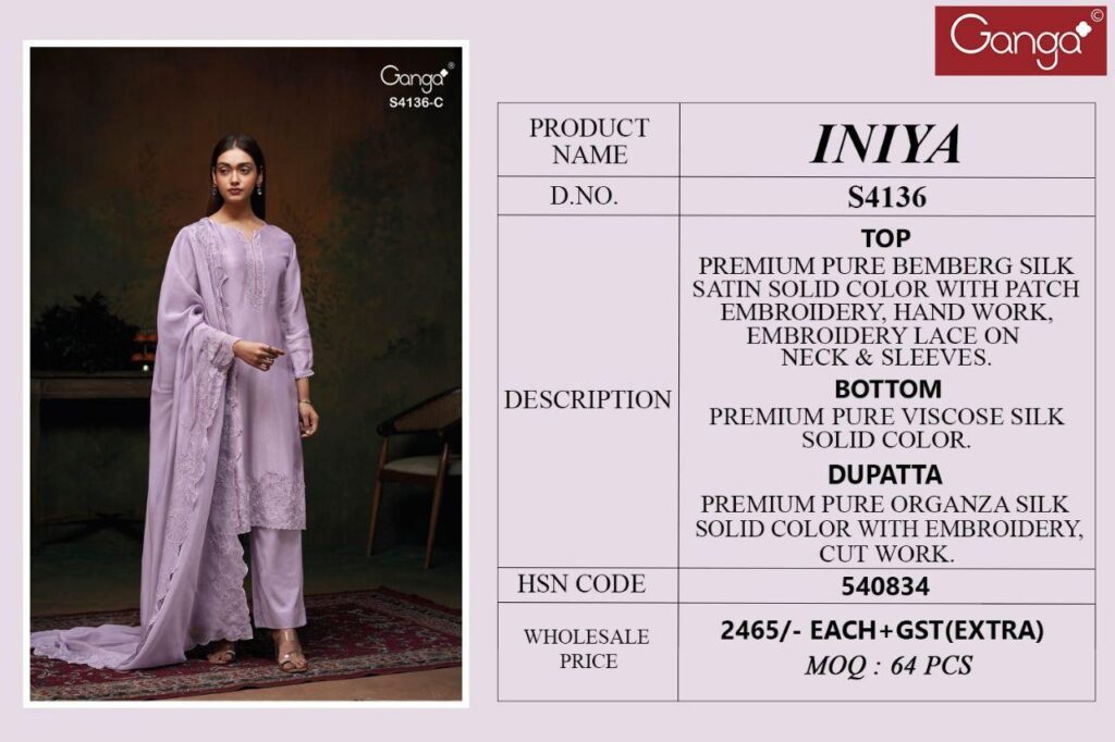 Latest Ganga Iniya 4136 Bemberg Silk With Embroidery Work Salwar Kameez Wholesale 2026