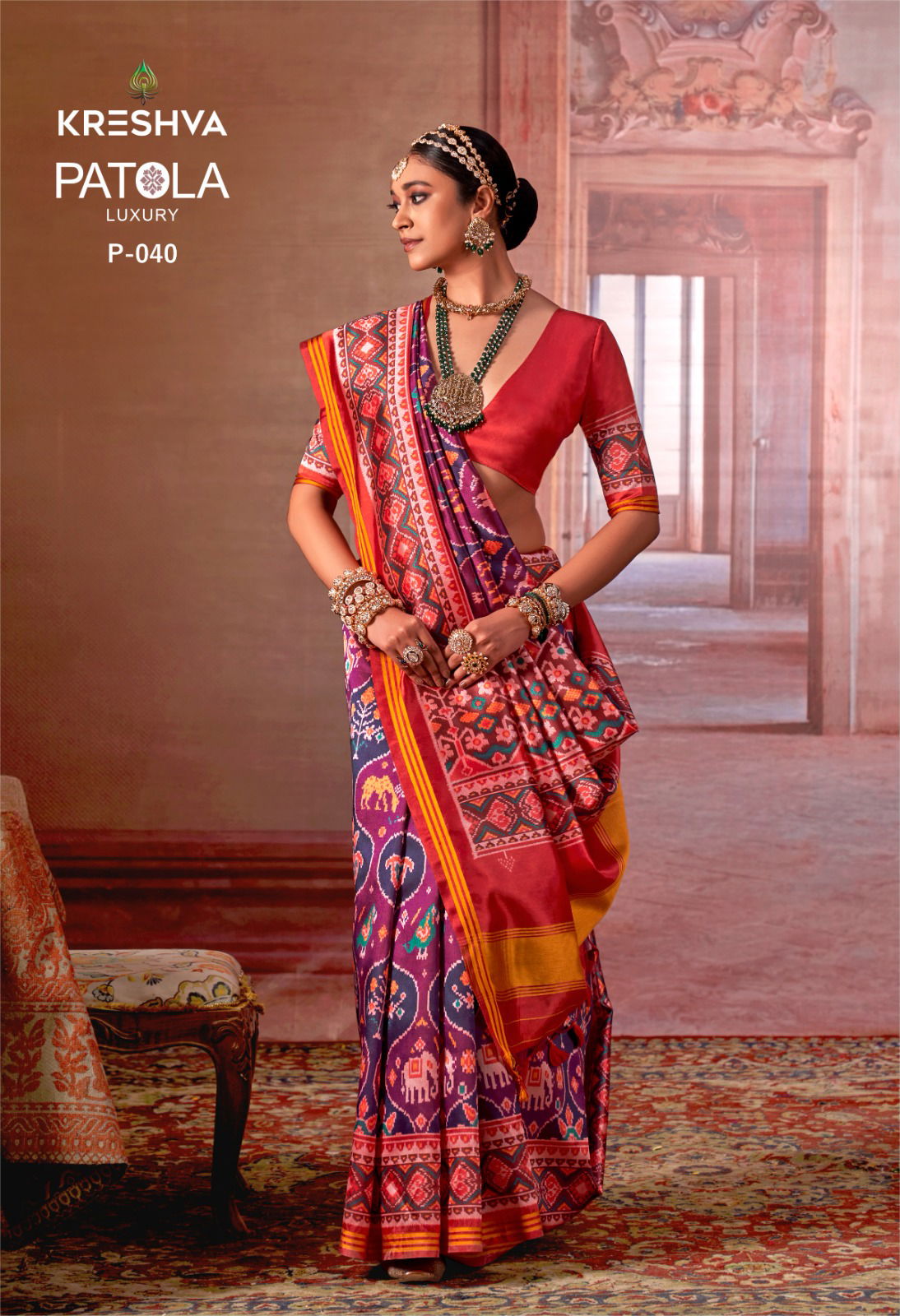 Kreshva Patola Luxury PV Silk Weaving Border Patola Print Saree Wholesale
