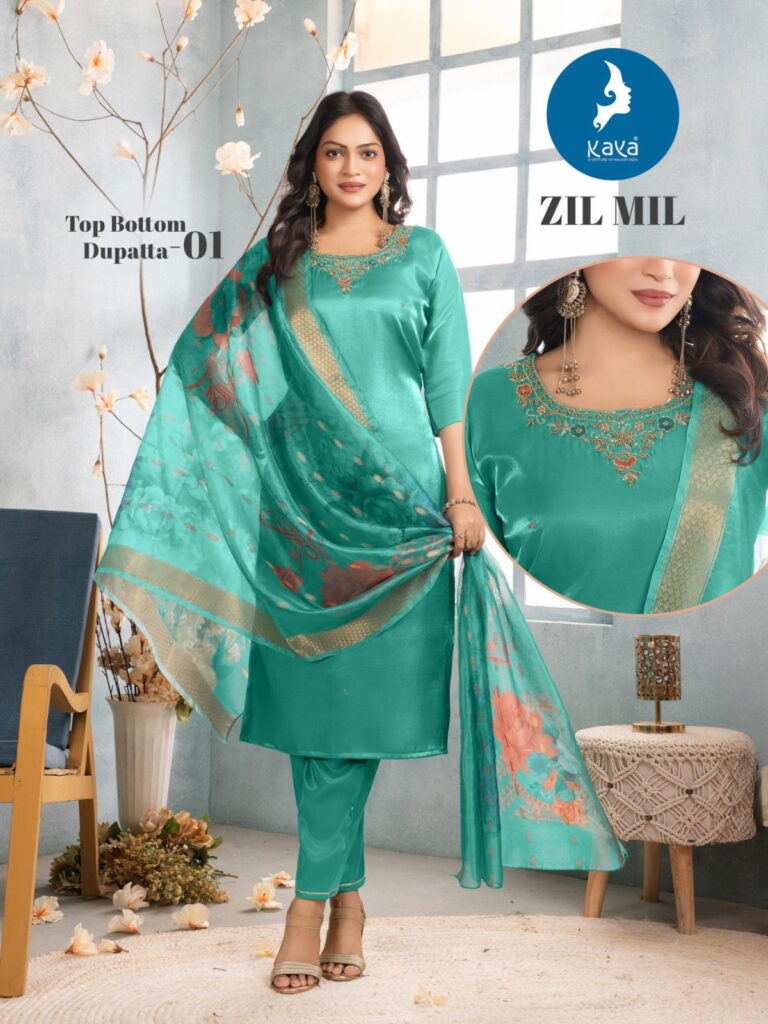 Stylish Kaya Zil Mil Roman Glass Fancy Kurti Pant And Dupatta Collection Wholesale 2026