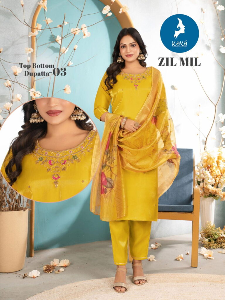 Stylish Kaya Zil Mil Roman Glass Fancy Kurti Pant And Dupatta Collection Wholesale 2026