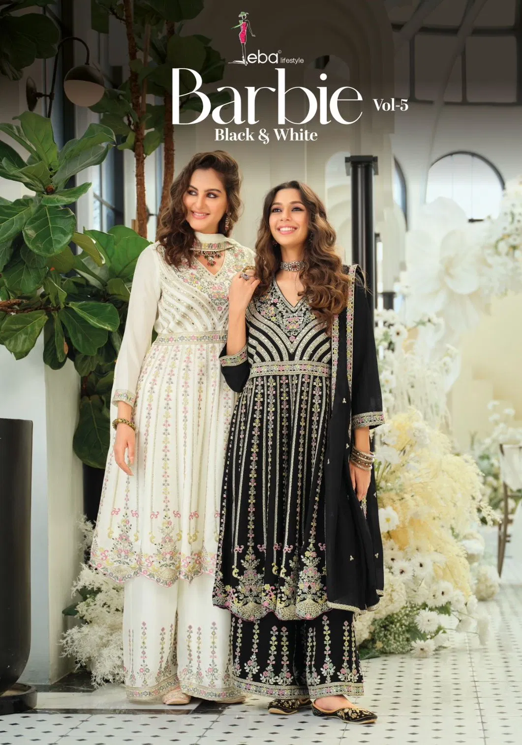 Eba Barbie Vol 5 Black And White Chinon Embroidery Top Plazzo And Dupatta Wholesale