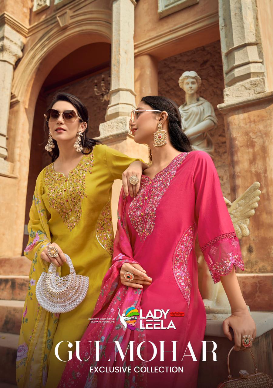 Lady Leela Gulmohar Viscose Silk With Embroidery Kurti Pant And Dupatta Wholesale