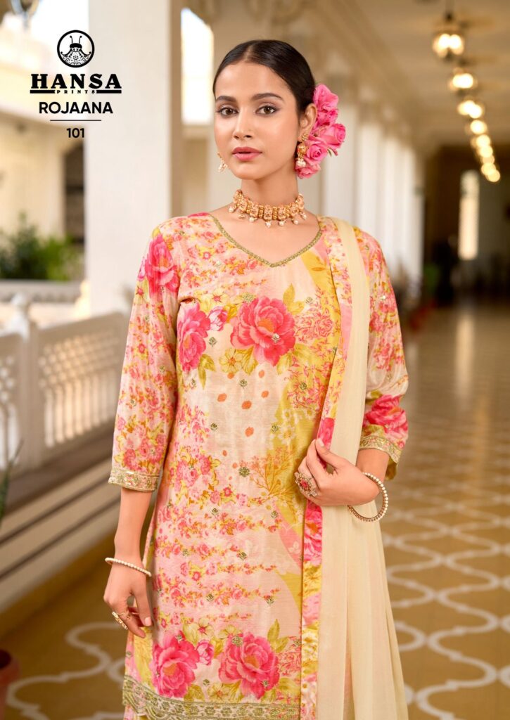 Launching Hansa Rojaana Chinon Digital Print With Embroidery Readymade Dress Wholesale 2026