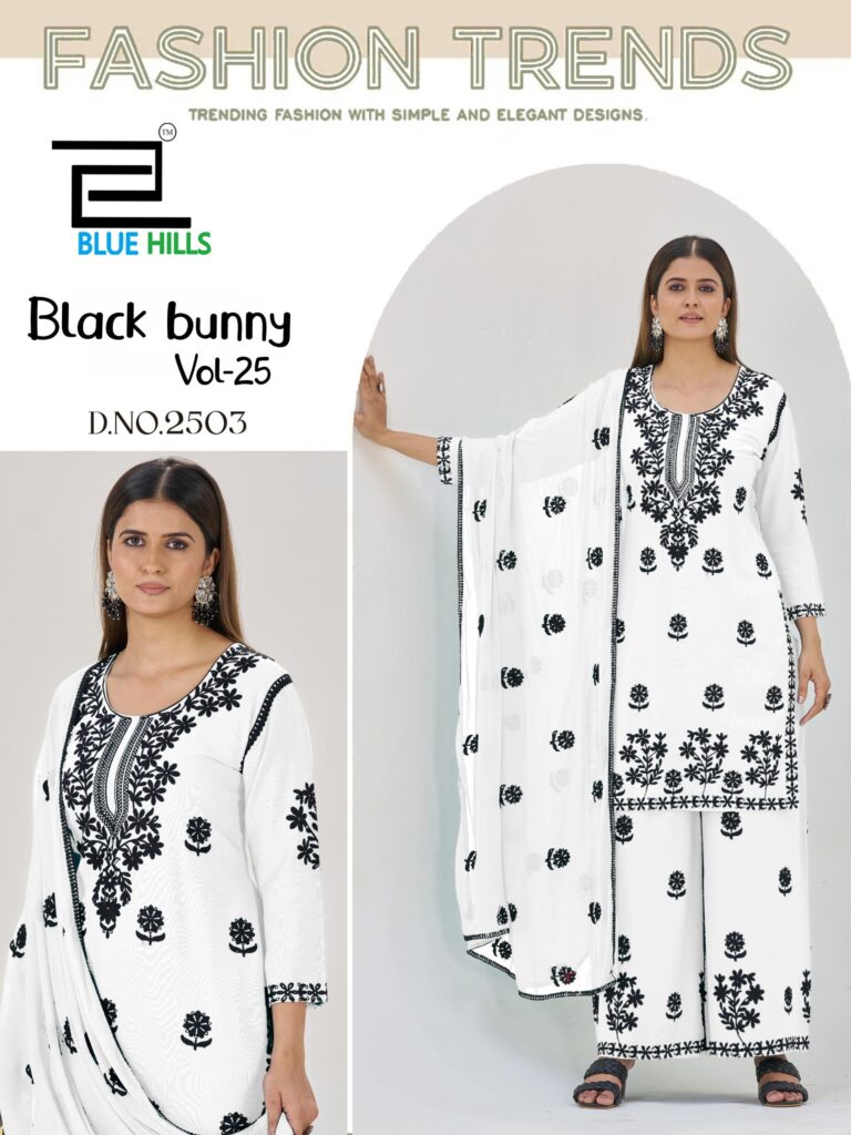 Buy Blue Hills Black Bunny Vol 25 Rayon With Thread Work Kurti Pant And Dupatta Wholesale 2026