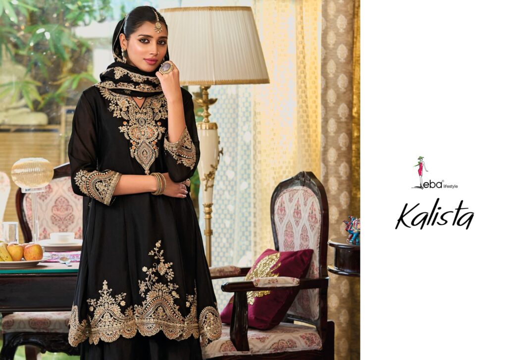 Latest Eba Kalista Black And White Chinon Embroidery Work Top Bottom And Dupatta Wholesale 2026