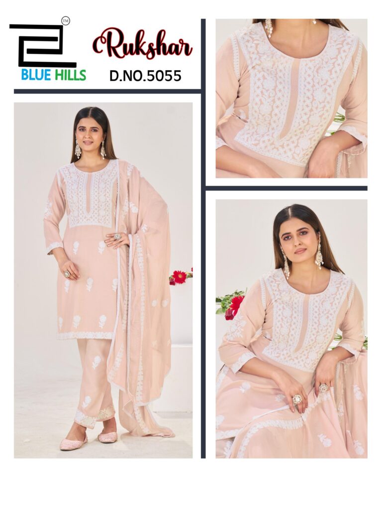 Latest Blue Hills Rukshar Rayon With Threadwork Kurti Pant And Dupatta Collection Wholesale 2026