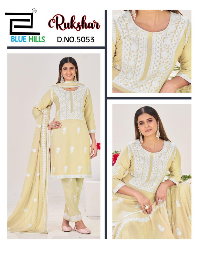 Latest Blue Hills Rukshar Rayon With Threadwork Kurti Pant And Dupatta Collection Wholesale 2026